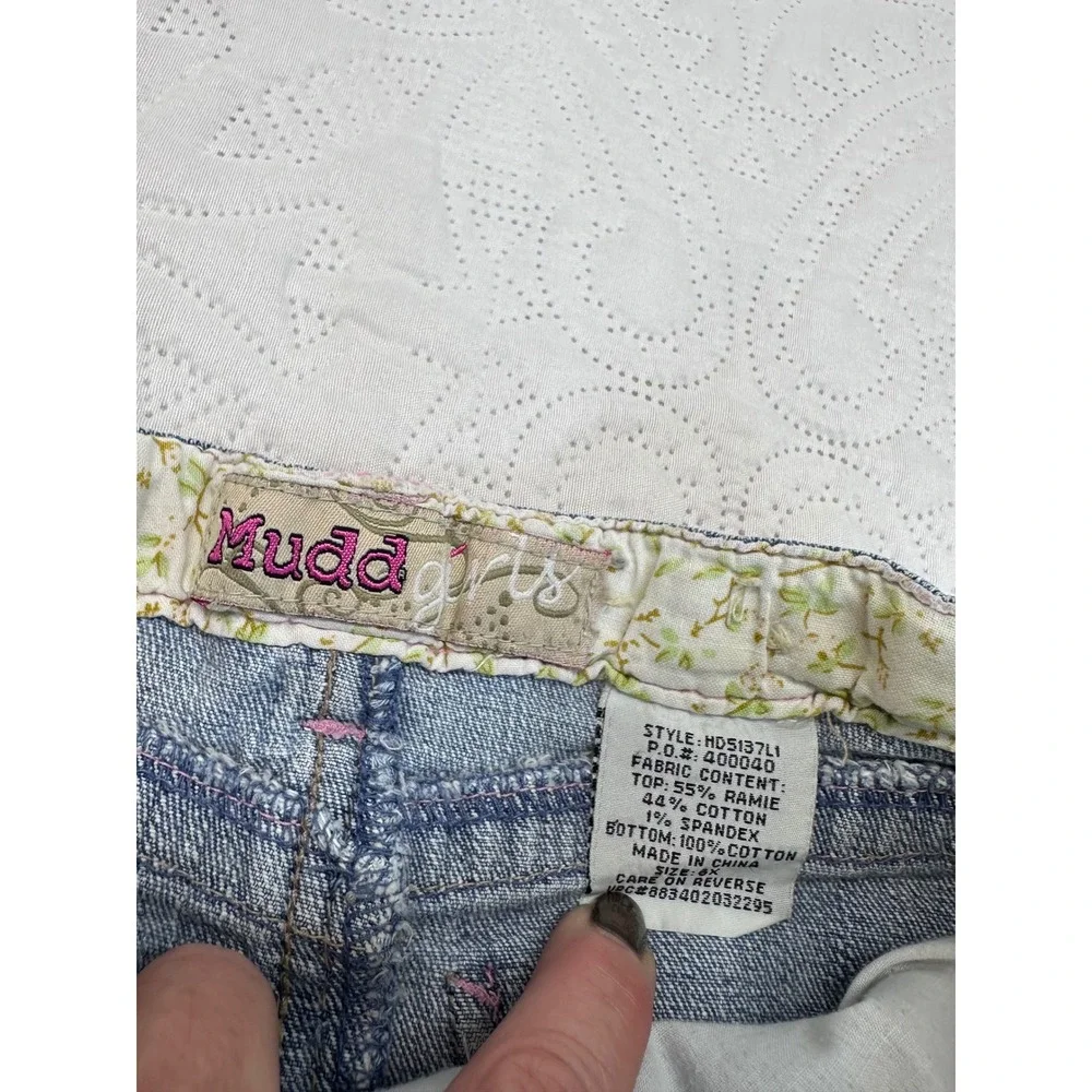 Mudd Girls Denim Tiered Floral Striped Skirt Size 6X Pink Yellow Blue Boho